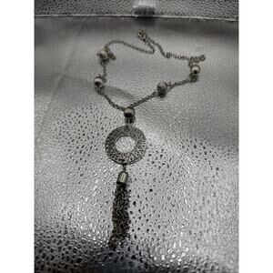 Vintage necklace, silver tone, chain, circle pendant 15”
